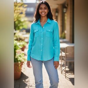Old Navy Aqua Button-Up Linen Cotton Blend Shirt